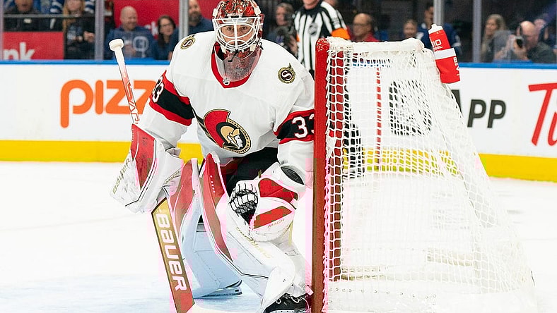 Sep 24, 2022; Toronto, Ontario, CAN; Ottawa Senators goaltender Cam Talbot (33) follows the play against the Toronto Maple Leafs during the first period at Scotiabank Arena. Mandatory Credit: Nick Turchiaro-USA TODAY Sports