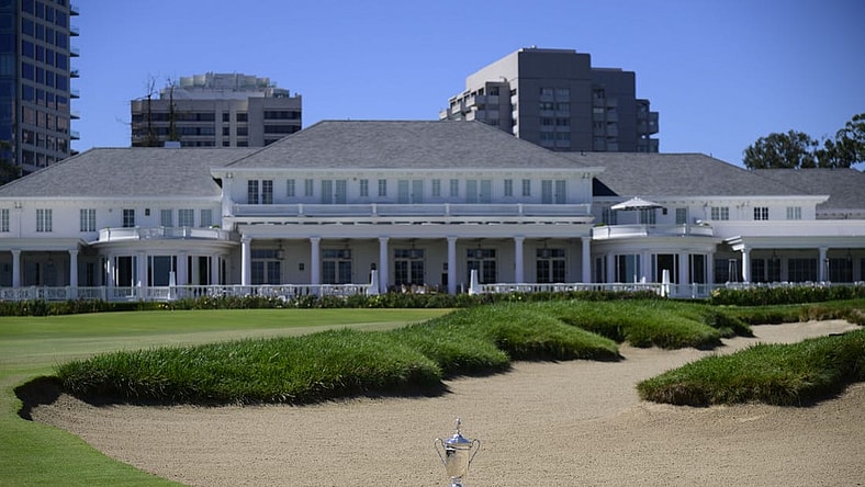Sep 26, 2022; Los Angeles, California, USA; The championship trophy sits in the bunker on the 18th hole during the 123rd U.S. Open Championship - First Look event at Los Angeles Country Club North Course. Mandatory Credit: Kelvin Kuo-USA TODAY Sports