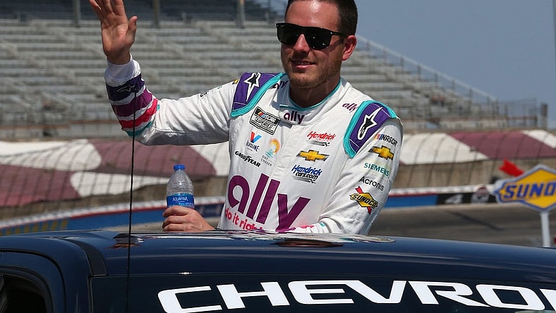 Sep 25, 2022; Fort Worth, Texas, USA;  NASCAR Cup Series driver Alex Bowman (48) before the AutoTrader EchoPark Automotive 500 at Texas Motor Speedway. Mandatory Credit: Michael C. Johnson-USA TODAY Sports