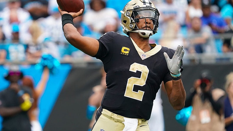 Sep 25, 2022; Charlotte, North Carolina, USA;  New Orleans Saints quarterback Jameis Winston (2) throws the ball against the Carolina Panthers during the second half at Bank of America Stadium. Mandatory Credit: James Guillory-USA TODAY Sports