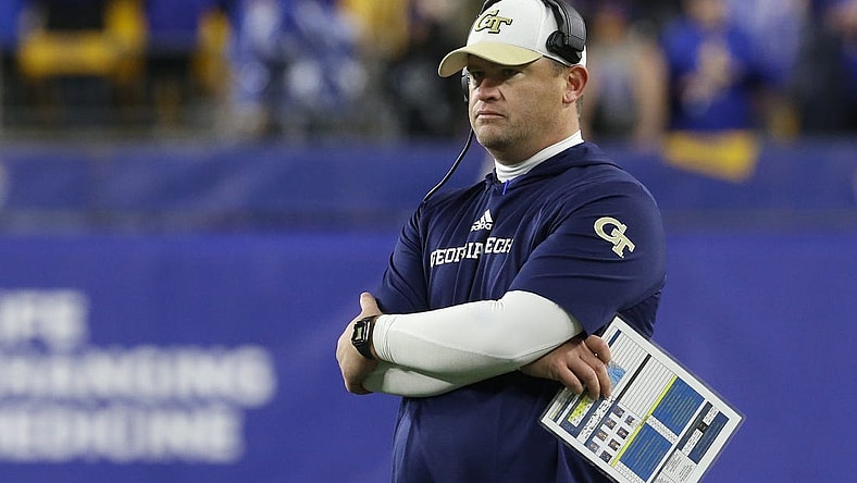 Oct 1, 2022; Pittsburgh, Pennsylvania, USA;  Georgia Tech Yellow Jackets interim head coach Brent Key looks on from the sidelines against the Pittsburgh Panthers during the fourth quarter at Acrisure Stadium. Georgia Tech won 26-21. Mandatory Credit: Charles LeClaire-USA TODAY Sports