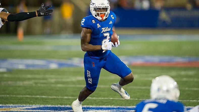 Oct 1, 2022; Tulsa, Oklahoma, USA; Tulsa Golden Hurricane wide receiver Keylon Stokes (2) runs after a catch during the first quarter against the Cincinnati Bearcats at Skelly Field at H.A. Chapman Stadium. Cincinnati won 31-21. Mandatory Credit: Brett Rojo-USA TODAY Sports