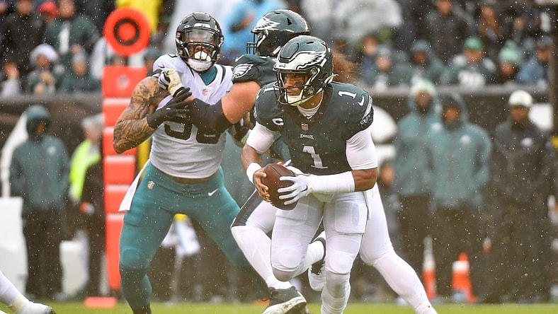Oct 2, 2022; Philadelphia, Pennsylvania, USA; Philadelphia Eagles quarterback Jalen Hurts (1) looks for a receiver against the Jacksonville Jaguars during the first quarter at Lincoln Financial Field. Mandatory Credit: Eric Hartline-USA TODAY Sports