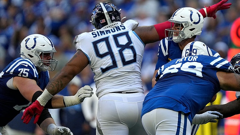 Indianapolis Colts quarterback Matt Ryan (2) throws a pass that's intercepted Sunday, Oct. 2, 2022, during a game against the Tennessee Titans at Lucas Oil Stadium in Indianapolis.