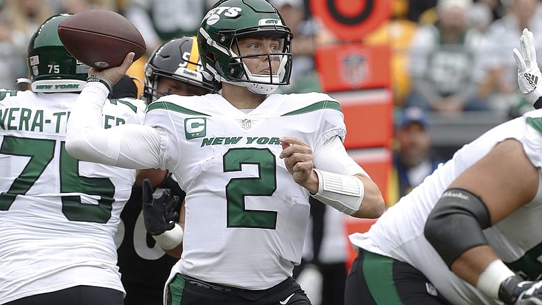 Oct 2, 2022; Pittsburgh, Pennsylvania, USA;  New York Jets quarterback Zach Wilson (2) passes against the Pittsburgh Steelers during the first quarter at Acrisure Stadium. Mandatory Credit: Charles LeClaire-USA TODAY Sports