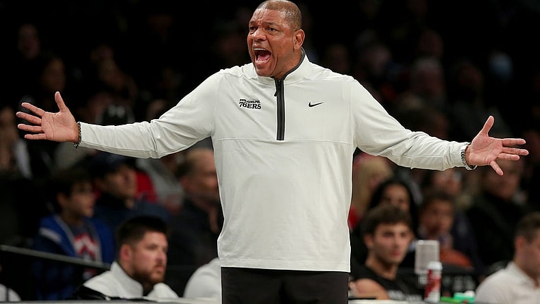 Oct 3, 2022; Brooklyn, New York, USA; Philadelphia 76ers head coach Doc Rivers reacts during the second quarter against the Brooklyn Nets at Barclays Center. Mandatory Credit: Brad Penner-USA TODAY Sports