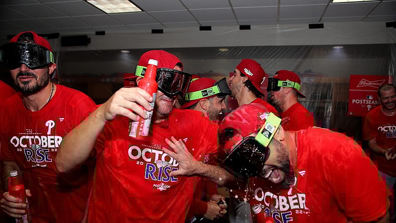 Oct 3, 2022; Houston, Texas, USA; Members of the Philadelphia Phillies celebrate in the locker room following a 3-0 victory over the Houston Astros at Minute Maid Park. Philadelphia clinched a National League Wild Card berth with the win. Mandatory Credit: Erik Williams-USA TODAY Sports
