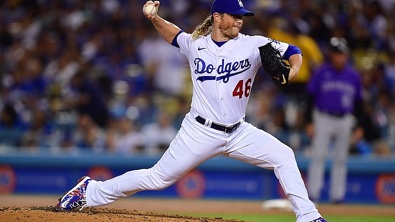 October 3, 2022; Los Angeles, California, USA; Los Angeles Dodgers relief pitcher Craig Kimbrel (46) throws against the Colorado Rockies during the fifth inning at Dodger Stadium. Mandatory Credit: Gary A. Vasquez-USA TODAY Sports