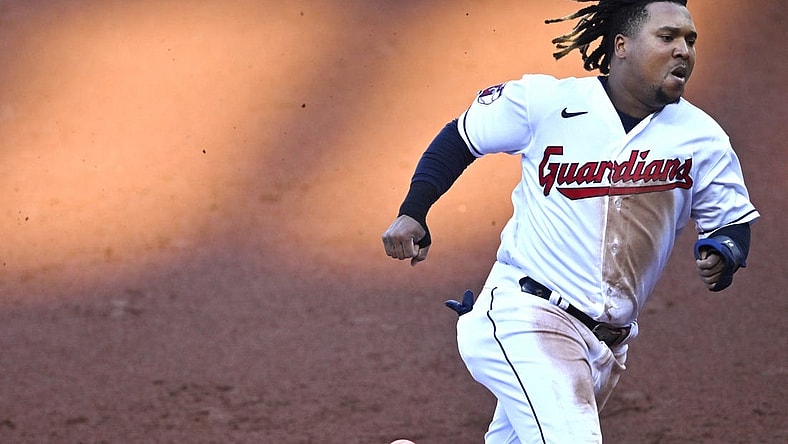 Oct 5, 2022; Cleveland, Ohio, USA; Cleveland Guardians third baseman Jose Ramirez (11) runs the bases in the first inning against the Kansas City Royals at Progressive Field. Mandatory Credit: David Richard-USA TODAY Sports