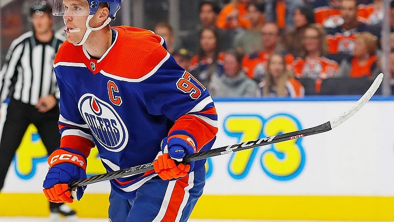 Sep 30, 2022; Edmonton, Alberta, CAN; Edmonton Oilers forward Connor McDavid (97) skates against the Calgary Flames at Rogers Place. Mandatory Credit: Perry Nelson-USA TODAY Sports