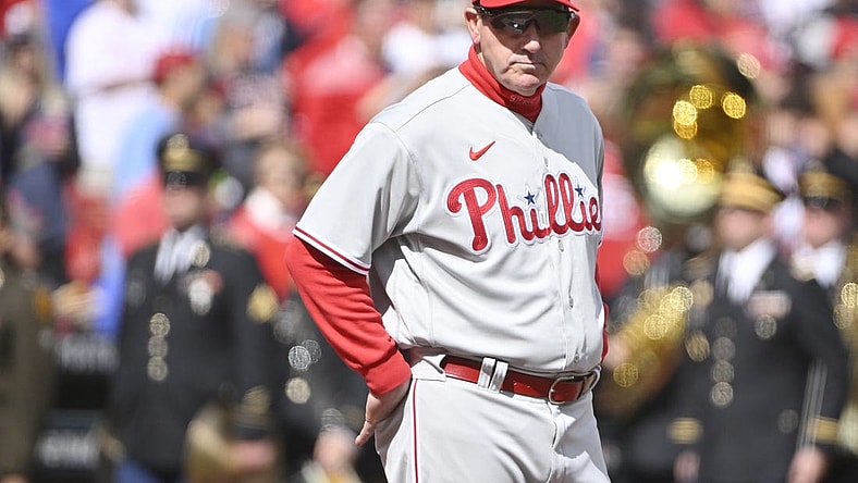Oct 7, 2022; St. Louis, Missouri, USA; Philadelphia Phillies interim manager Rob Thomson (59) looks on during player introductions prior to game one of the Wild Card series against the St. Louis Cardinals in the 2022 MLB Playoffs at Busch Stadium. Mandatory Credit: Jeff Curry-USA TODAY Sports