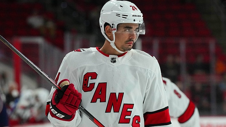 Oct 3, 2022; Raleigh, North Carolina, USA;  Carolina Hurricanes center Seth Jarvis (24) looks on against the Columbus Blue Jackets during the third period at PNC Arena. Mandatory Credit: James Guillory-USA TODAY Sports
