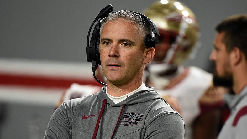 Oct 8, 2022; Raleigh, North Carolina, USA; Florida State Seminoles head coach Mike Norvell during the first half against the North Carolina State Wolfpack at Carter-Finley Stadium. Mandatory Credit: Rob Kinnan-USA TODAY Sports