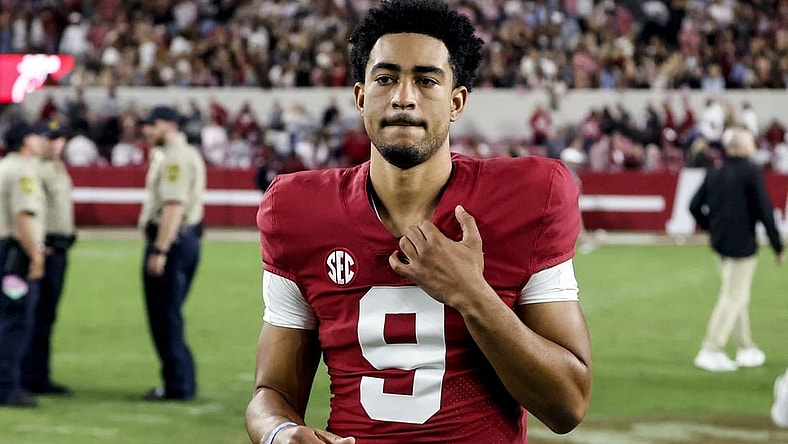 Oct 8, 2022; Tuscaloosa, Alabama, USA;  Alabama Crimson Tide quarterback Bryce Young (9) walks off the field after a Crimson Tide victory over the Texas A&M Aggies at Bryant-Denny Stadium. Mandatory Credit: Butch Dill-USA TODAY Sports