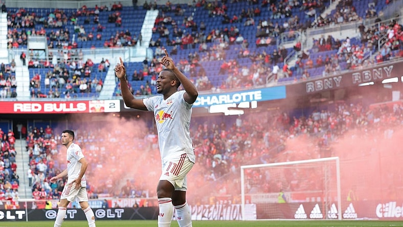 Oct 9, 2022; Harrison, New Jersey, USA; New York Red Bulls forward Elias Manoel Alves de Paula (11) celebrates his second goal against the Charlotte FC during second half at Red Bull Arena. Mandatory Credit: Vincent Carchietta-USA TODAY Sports