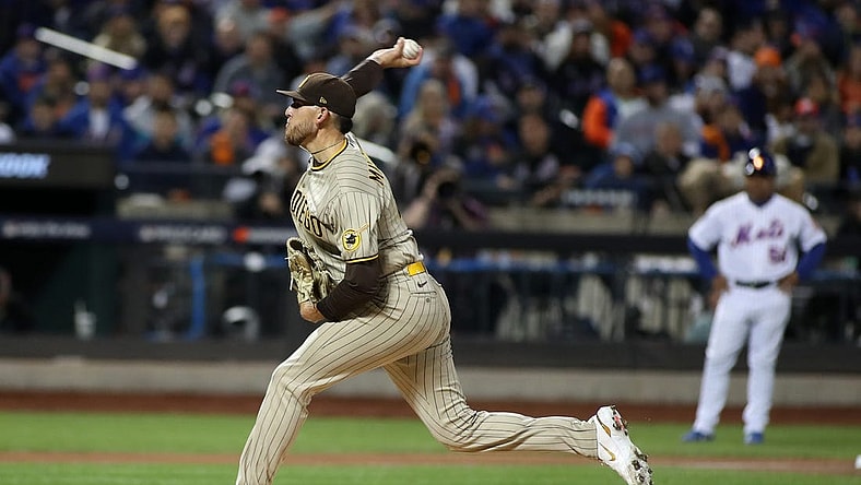 Oct 9, 2022; New York City, New York, USA; San Diego Padres starting pitcher Joe Musgrove (44) throws a pitch during the first inning in game three of the Wild Card series for the 2022 MLB Playoffs at Citi Field. Mandatory Credit: Wendell Cruz-USA TODAY Sports