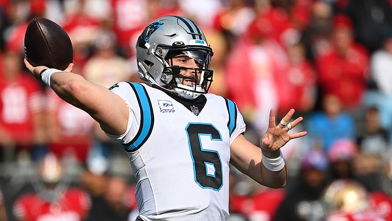Oct 9, 2022; Charlotte, North Carolina, USA; Carolina Panthers quarterback Baker Mayfield (6) passes the ball in the first quarter at Bank of America Stadium. Mandatory Credit: Bob Donnan-USA TODAY Sports