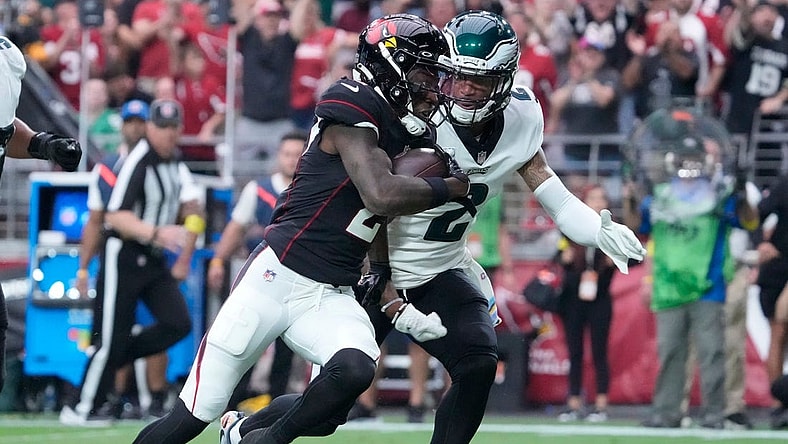 Oct 9, 2022; Glendale, Arizona, U.S.;  Arizona Cardinals wide receiver Marquise Brown (2) runs for a touchdown after a catch against Philadelphia Eagles cornerback Darius Slay (2) during the second quarter at State Farm Stadium.

Nfl Eagles At Cardinals