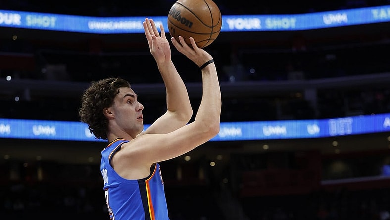 Oct 11, 2022; Detroit, Michigan, USA;  Oklahoma City Thunder guard Josh Giddey (3) shoots in the first half against the Detroit Pistons at Little Caesars Arena. Mandatory Credit: Rick Osentoski-USA TODAY Sports