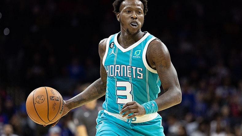Oct 12, 2022; Philadelphia, Pennsylvania, USA; Charlotte Hornets guard Terry Rozier (3) in action against the Philadelphia 76ers during the first quarter at Wells Fargo Center. Mandatory Credit: Bill Streicher-USA TODAY Sports