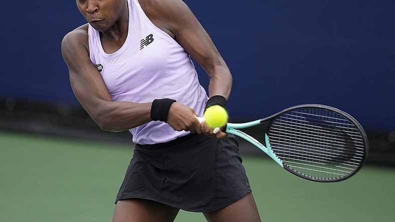 Oct 13, 2022; San Diego, California, US;  Coco Gauff of the United States hits the ball against Bianca Andreescu of Canada during the San Diego Open at Barnes Tennis Center. Mandatory Credit: Ray Acevedo-USA TODAY Sports