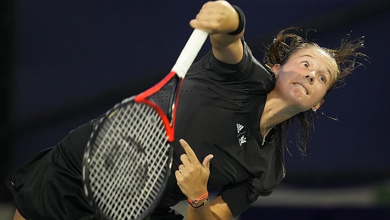 Oct 13, 2022; San Diego, California, US; Daria Kasatkina serves to Madison Keys of the United States during the San Diego Open at Barnes Tennis Center. Mandatory Credit: Ray Acevedo-USA TODAY Sports