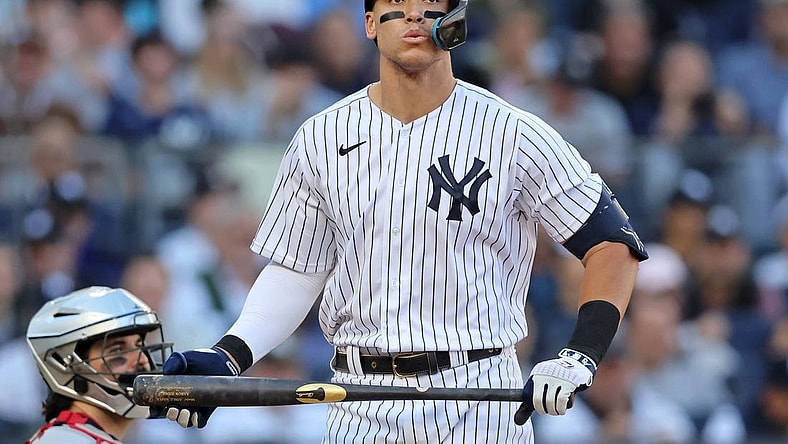 Oct 14, 2022; Bronx, New York, USA; New York Yankees right fielder Aaron Judge (99) reacts after striking out against the Cleveland Guardians during the seventh inning in game two of the ALDS for the 2022 MLB Playoffs at Yankee Stadium. Mandatory Credit: Brad Penner-USA TODAY Sports