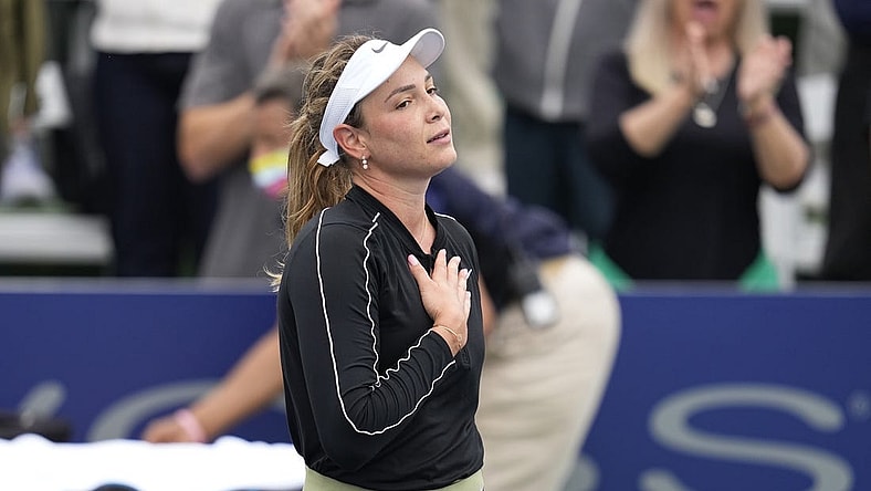 Oct 14, 2022; San Diego, California, US;  Donna Vekic of Croatia reacts to her victory against Aryna Sabalenka during the San Diego Open at Barnes Tennis Center. Mandatory Credit: Ray Acevedo-USA TODAY Sports