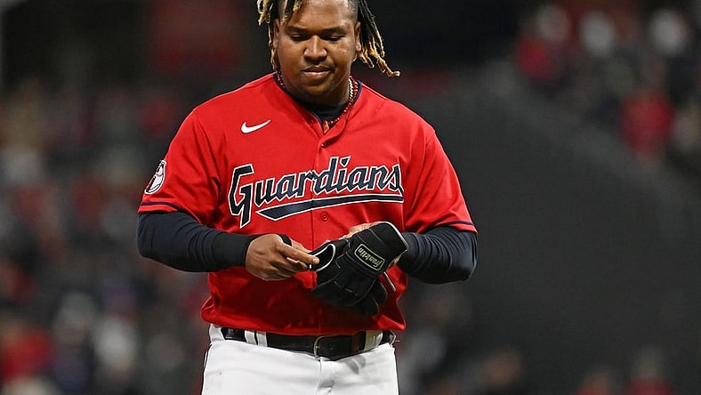 Oct 15, 2022; Cleveland, Ohio, USA; Cleveland Guardians third baseman Jose Ramirez (11) reacts after striking out against the New York Yankees in the fifth inning during game three of the NLDS for the 2022 MLB Playoffs at Progressive Field. Mandatory Credit: Ken Blaze-USA TODAY Sports