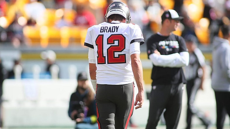 Tom Brady (12) of the Tampa Bay Buccaneers walks off the field during warmups at Acrisure Stadium in Pittsburgh, PA on October 16, 2022.

Pittsburgh Steelers Vs Tampa Bay Buccaneers Week 6