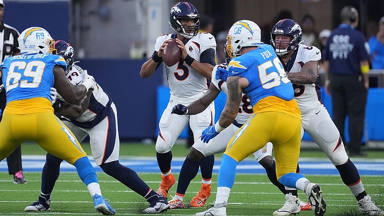 Oct 17, 2022; Inglewood, California, USA; Denver Broncos quarterback Russell Wilson (3) throws the ball in the first half against the Los Angeles Chargers at SoFi Stadium. Mandatory Credit: Kirby Lee-USA TODAY Sports