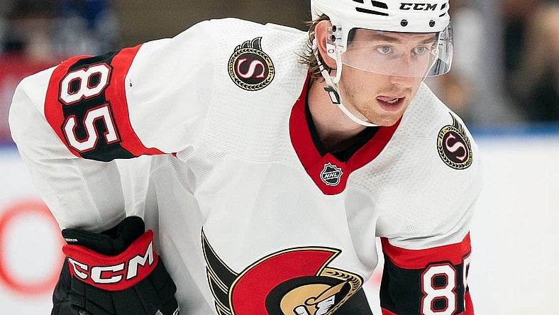 Oct 15, 2022; Toronto, Ontario, CAN; Ottawa Senators defenseman Jake Sanderson (85) waits for a faceoff against the Toronto Maple Leafs during the third period at Scotiabank Arena. Mandatory Credit: Nick Turchiaro-USA TODAY Sports