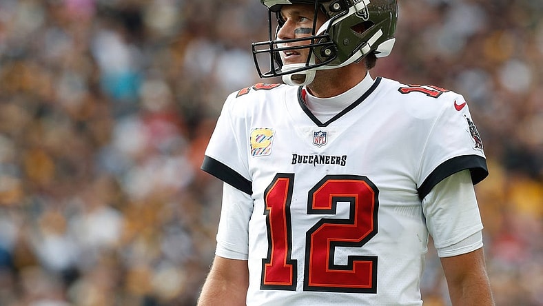 Oct 16, 2022; Pittsburgh, Pennsylvania, USA;  Tampa Bay Buccaneers quarterback Tom Brady (12) against the Pittsburgh Steelers during the fourth quarter at Acrisure Stadium. Mandatory Credit: Charles LeClaire-USA TODAY Sports