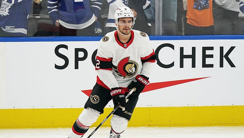 Oct 15, 2022; Toronto, Ontario, CAN; Ottawa Senators defenseman Artem Zub (2) skates against the Toronto Maple Leafs during the warmup at Scotiabank Arena. Mandatory Credit: Nick Turchiaro-USA TODAY Sports