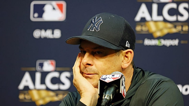 Oct 19, 2022; Houston, Texas, USA; New York Yankees manager Aaron Boone (17) talks to media during a press conference before game one of the ALCS for the 2022 MLB Playoffs against the Houston Astros at Minute Maid Park. Mandatory Credit: Thomas Shea-USA TODAY Sports