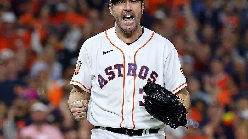 Oct 19, 2022; Houston, Texas, USA; Houston Astros starting pitcher Justin Verlander (35) reacts after striking out Houston Astros second baseman Jose Altuve (not pictured) to end the sixth inning in game one of the ALCS for the 2022 MLB Playoffs at Minute Maid Park. Mandatory Credit: Troy Taormina-USA TODAY Sports