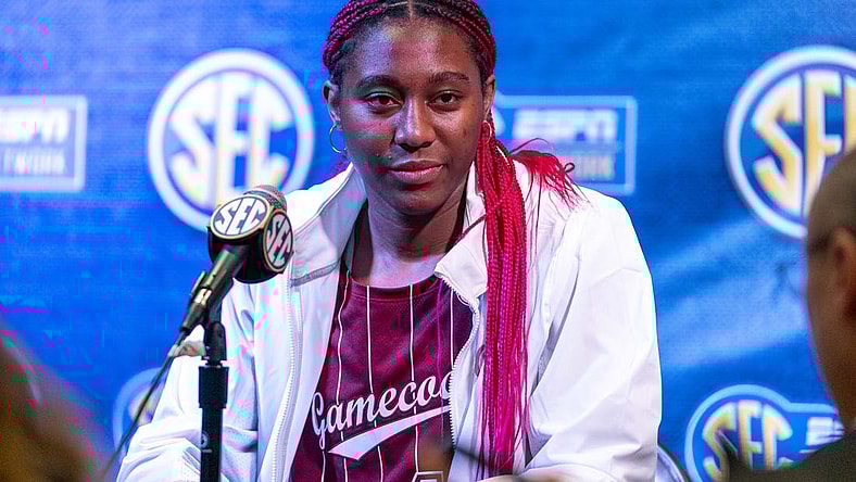 Oct 18, 2022; Mountain Brook, Alabama, US; South Caroline Gamecocks forward Aliyah Boston speaks to the media at the SEC Media days. Mandatory Credit: Marvin Gentry-USA TODAY Sports