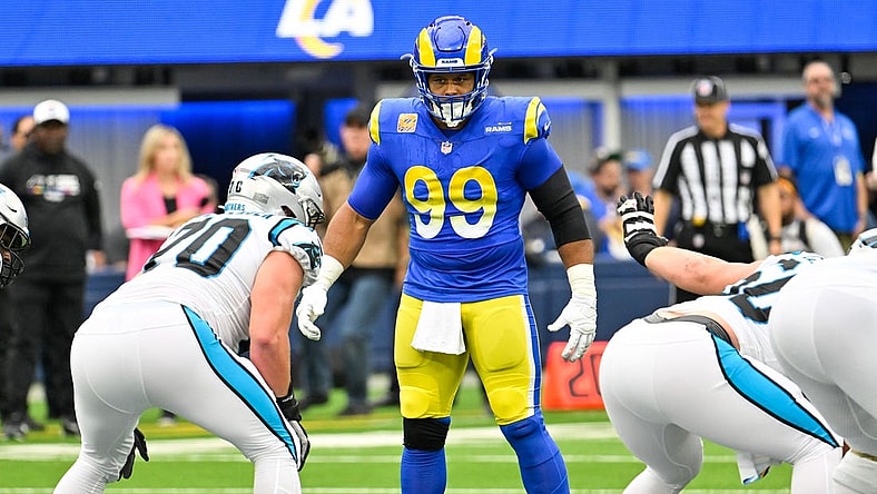 Oct 16, 2022; Inglewood, California, USA; Los Angeles Rams defensive tackle Aaron Donald (99) during an NFL game against the Carolina Panthers at SoFi Stadium. Mandatory Credit: Robert Hanashiro-USA TODAY Sports