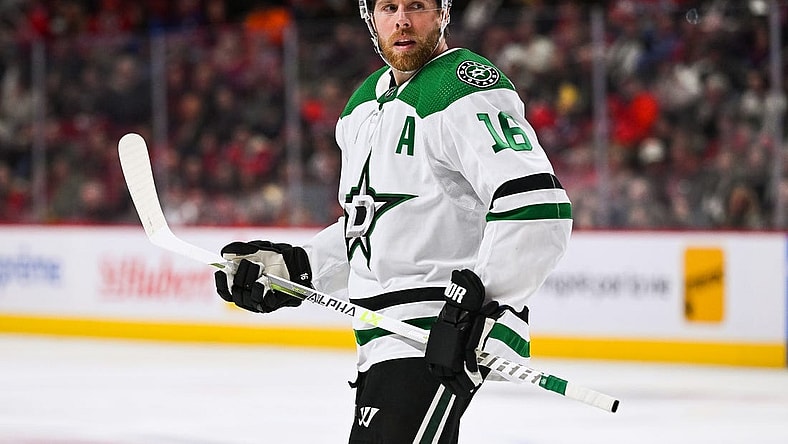 Oct 22, 2022; Montreal, Quebec, CAN; Dallas Stars center Joe Pavelski (16) looks on during the second period against the Montreal Canadiens at Bell Centre. Mandatory Credit: David Kirouac-USA TODAY Sports