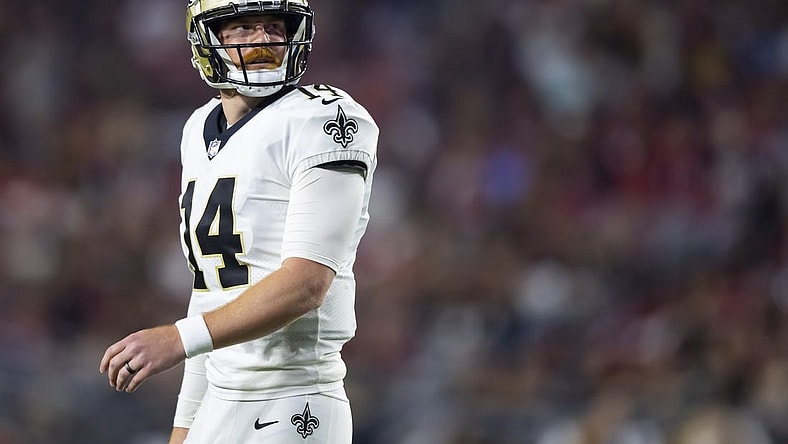 Oct 20, 2022; Glendale, Arizona, USA; New Orleans Saints quarterback Andy Dalton (14) against the Arizona Cardinals at State Farm Stadium. Mandatory Credit: Mark J. Rebilas-USA TODAY Sports
