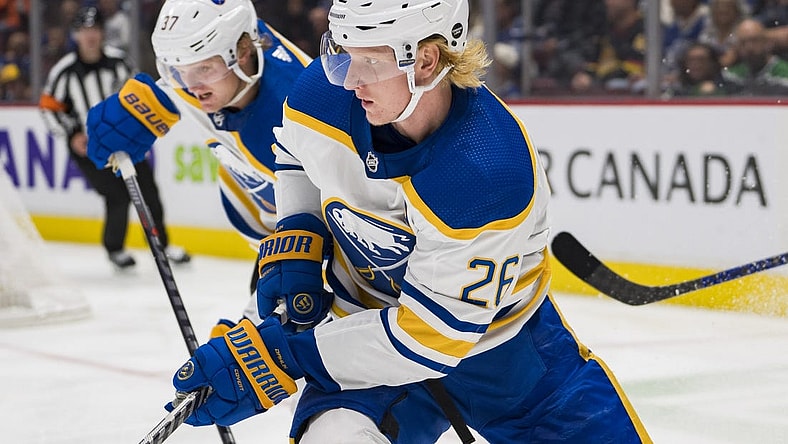 Oct 22, 2022; Vancouver, British Columbia, CAN; Buffalo Sabres defenseman Rasmus Dahlin (26) skates against the Vancouver Canucks in the third period at Rogers Arena. Buffalo won 5-1. Mandatory Credit: Bob Frid-USA TODAY Sports