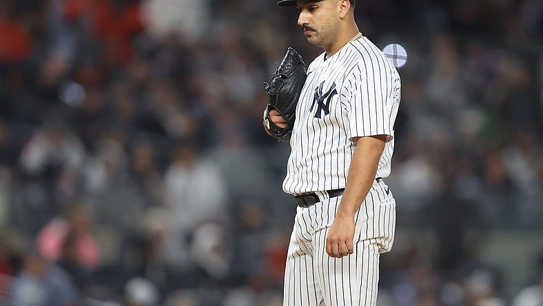 Oct 23, 2022; Bronx, New York, USA; New York Yankees starting pitcher Nestor Cortes (65) after giving up a three run home run in the third inning against the Houston Astros during game four of the ALCS for the 2022 MLB Playoffs at Yankee Stadium. Mandatory Credit: Brad Penner-USA TODAY Sports