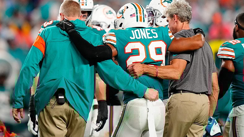 Oct 23, 2022; Miami Gardens, Florida, USA; Miami Dolphins safety Brandon Jones (29) leaves the field injured against the Pittsburgh Steelers during the second half at Hard Rock Stadium. Mandatory Credit: Rich Storry-USA TODAY Sports