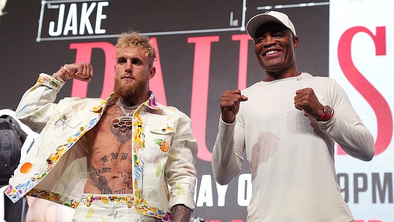 Jake Paul and Anderson Silva pose for photos during a news conference at Desert Diamond Arena on Thursday, Oct. 27, 2022 to preview their Saturday night fight.

Jake Paul 4