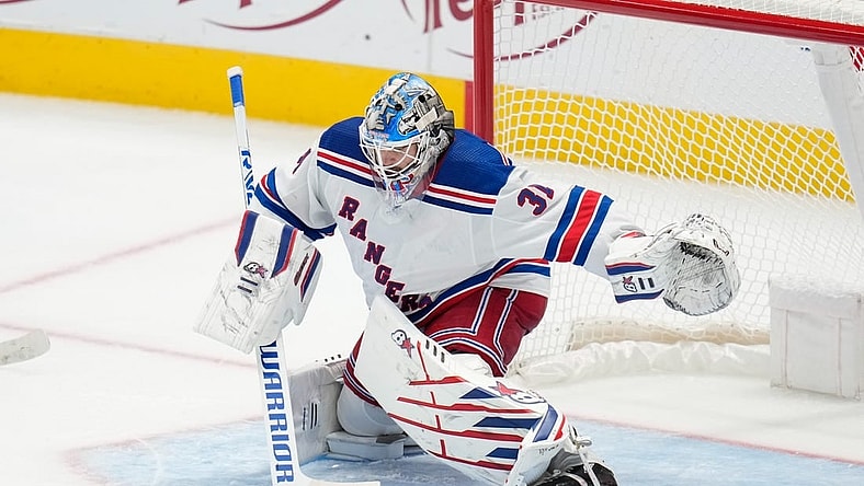 Oct 29, 2022; Dallas, Texas, USA;  New York Rangers goaltender Igor Shesterkin (31) makes a save against the Dallas Stars during the third period at American Airlines Center. Mandatory Credit: Chris Jones-USA TODAY Sports