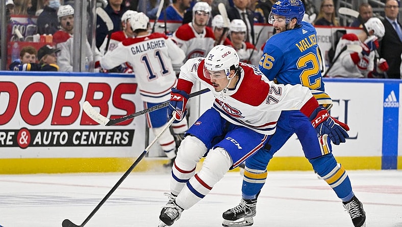 Oct 29, 2022; St. Louis, Missouri, USA;  Montreal Canadiens defenseman Arber Xhekaj (72) controls the puck against the St. Louis Blues during the first period at Enterprise Center. Mandatory Credit: Jeff Curry-USA TODAY Sports