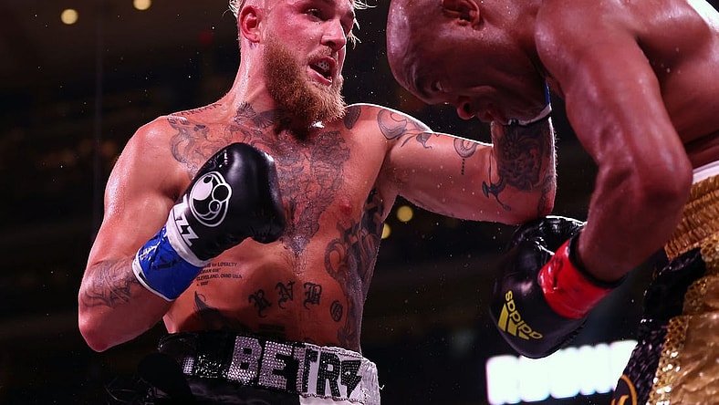 Oct 29, 2022; Glendale, Arizona, USA;  Jake Paul lands a hit against Anderson Silva at Desert Diamond Arena. Mandatory Credit: Mark J. Rebilas-USA TODAY Sports