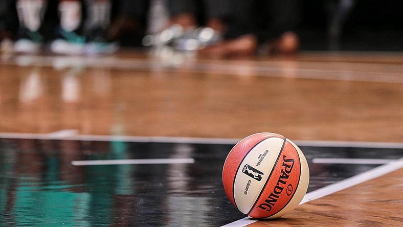 May 9, 2019; New York City, NY, USA; A general view of the game ball during the preseason WNBA game between the New York Liberty and the China National Team at Barclays Center.  Mandatory Credit: Vincent Carchietta-USA TODAY Sports