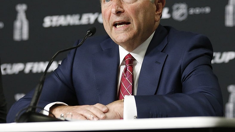 May 27, 2019; Boston, MA, USA; NHL commissioner Gary Bettman speaks at a press conference before game one of the 2019 Stanley Cup Final between the Boston Bruins and the St. Louis Blues at TD Garden. Mandatory Credit: Winslow Townson-USA TODAY Sports