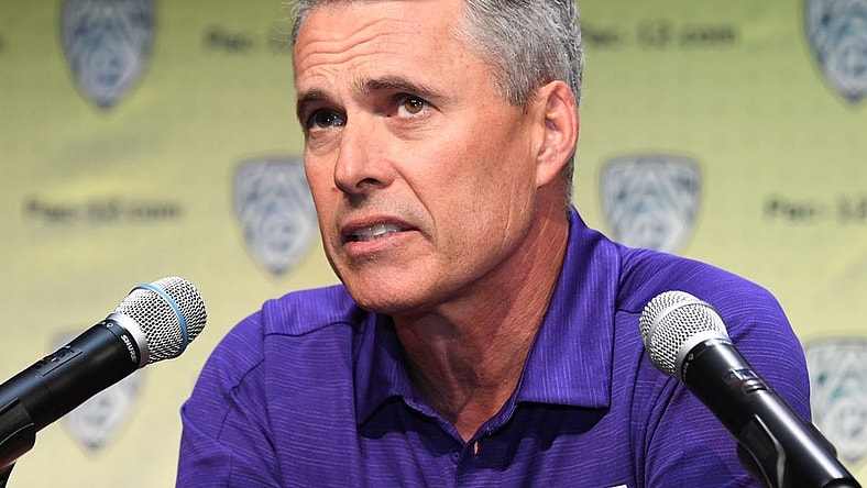 Jul 24, 2019; Los Angeles, CA, USA; Washington Huskies coach Chris Petersen during Pac-12 football media day at Hollywood & Highland. Mandatory Credit: Kirby Lee-USA TODAY Sports